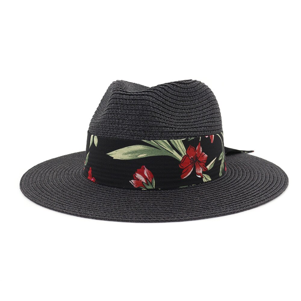 Dameshoed zomer brede rand strohoeden grote zonnehoeden uv-bescherming panama floppy strandhoeden dames strikhoed dames fedora's: Zwart
