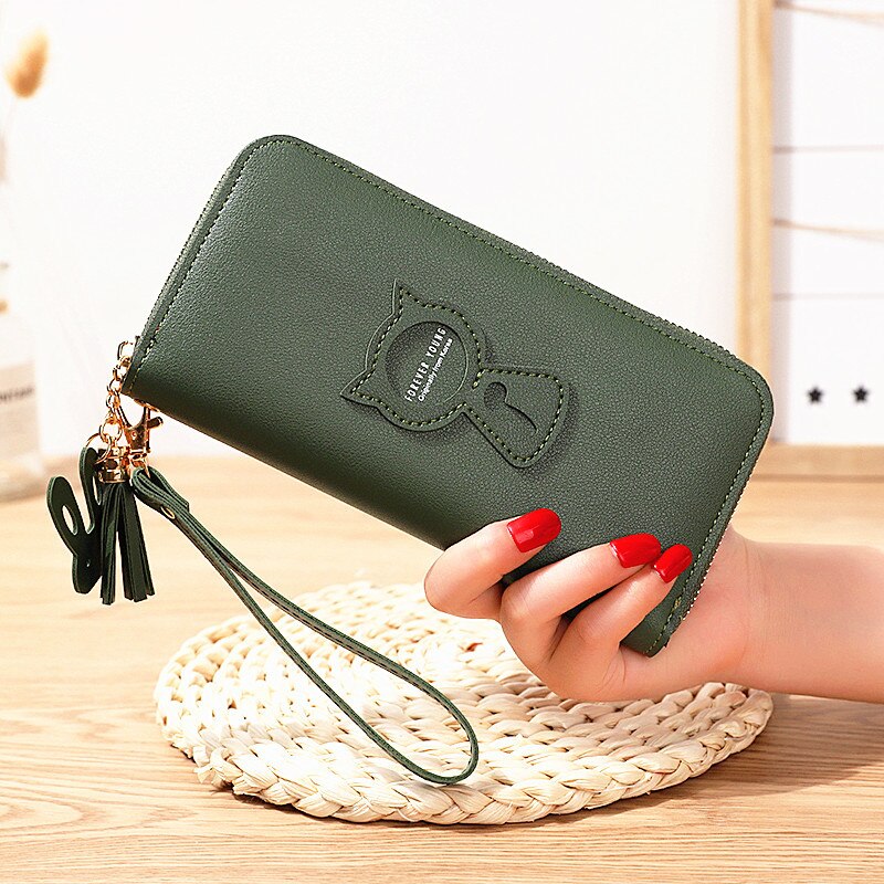 Women Wallet PU Leather Card Holder Coin Purses Zipper Long Female Wallet Cat Applique Cellphone Bag Lady: L7