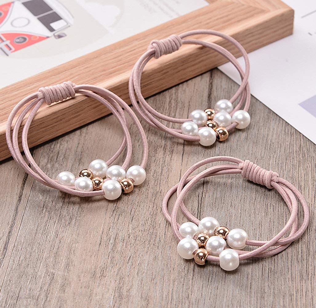 Ensemble de 5 anneaux de perles pour filles, haute élasticité, corde de tête, bandeau en caoutchouc, accessoires de cheveux pour enfants, couvre-chef pour femmes