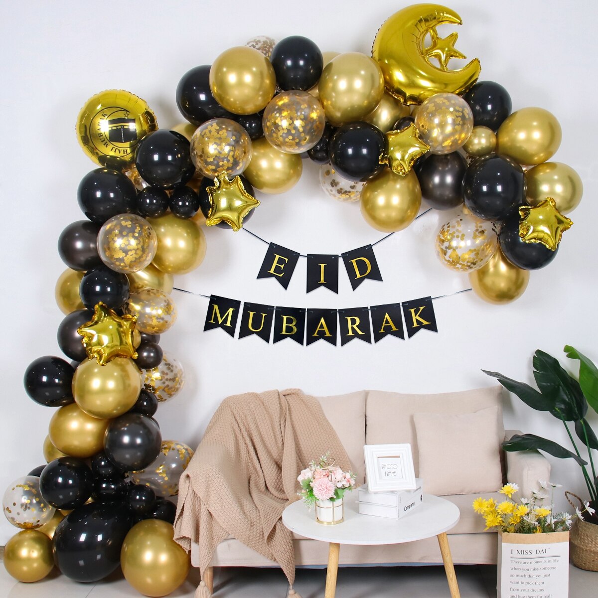 Black Gold EID Mubarak Balloon Garland Arch Kit Banner Ramadan Decoration For Home Birthday Party Decoration Kids Latex Baloon