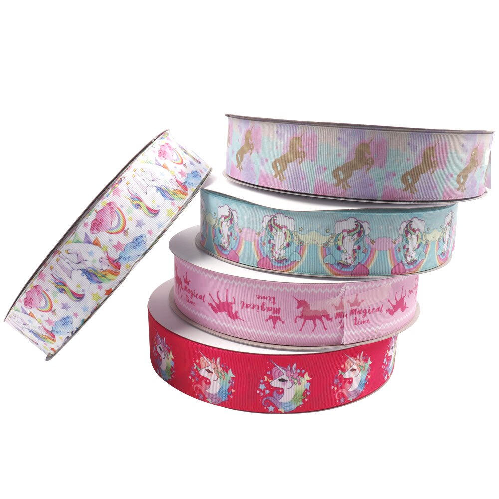IBOWS 38mm Cartoon Grosgrain Band Regnbåge Enhörning Tryckt Band DIY Håraccessoarer Förpackning Festdekoration 5yards
