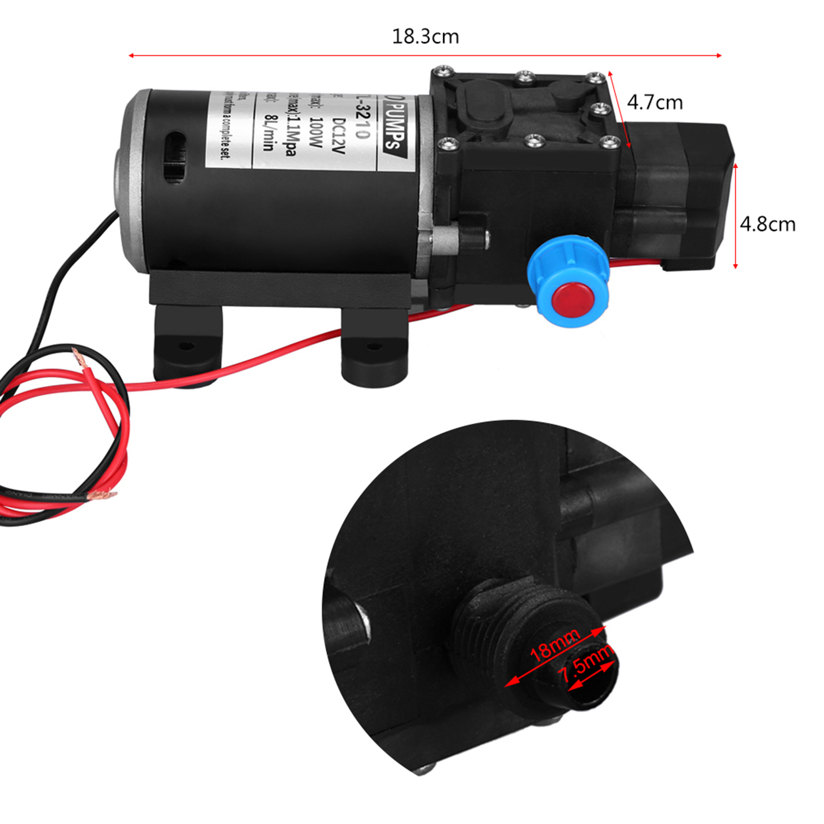 12v dc 100w 8l/ min 160 psi højtryksmembran selvansugende vandpumpe til vask