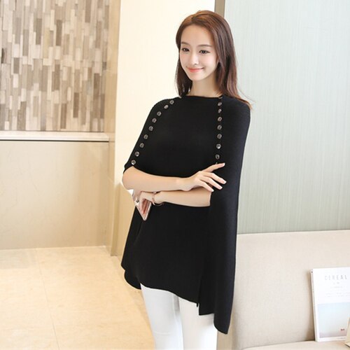 Suéter de capa de punto para mujer, jersey de otoño e invierno, ropa de calle, suéteres casuales sueltos, capas, cuello redondo, mangas de murciélago, poncho: Negro