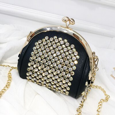 Women Bag PU Leather Diamonds Shoulder Bag Chain Shell Messenger Bag Female Tote Crossbody Bags For Girls BG41 Q4: gold-black