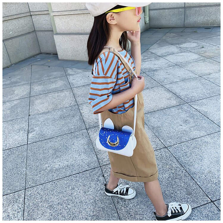 Baby Girl's Handbag Stylish Moon Pattern Sequin Cross Body Bag with Cute Cat Ears Kids Children Bags
