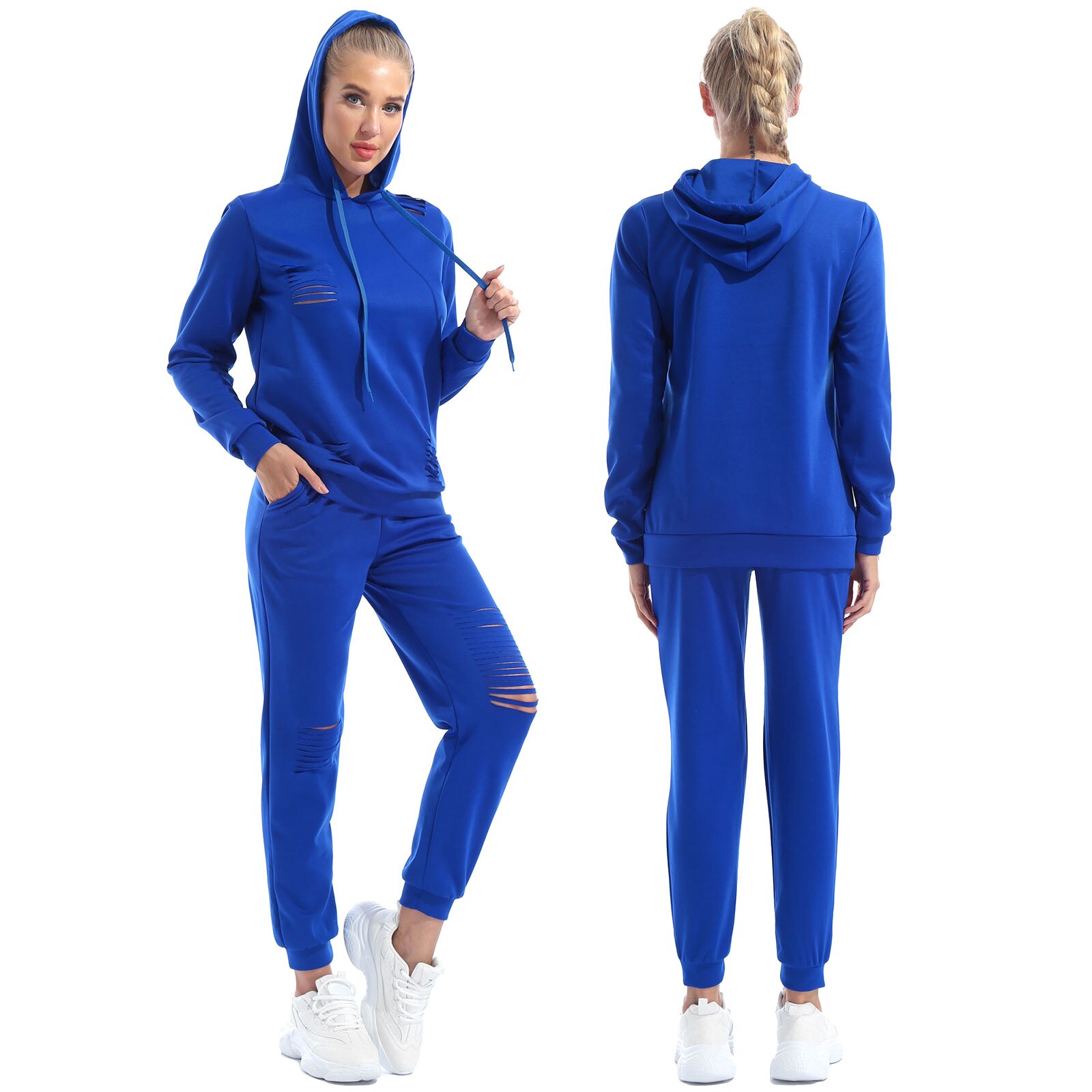 Mode Sport Trainingspakken Vrouwen Casual Sportswear Hooded Hoodie Lange Mouw Sweatshirt Top + Broek 2 Stuks Set Voor Running Gym fitness: Navy Blue / M