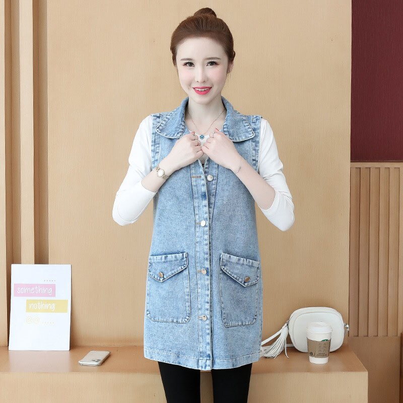 Chaqueta vaquera sin mangas para mujer, chaleco vaquero holgado de longitud media con botones, color azul claro, coreana, talla grande, informal