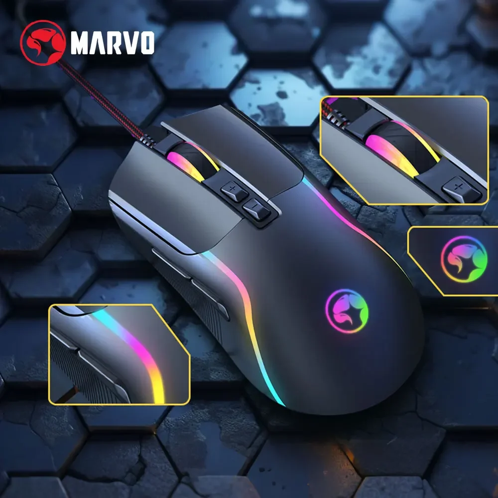 MARVO M292 CAPO 20 Wired Right Hand E-sports Mouse 7 Buttons Mixed Backlit 603FP Chip 8000DPI High Precision Gaming Mouse For PC