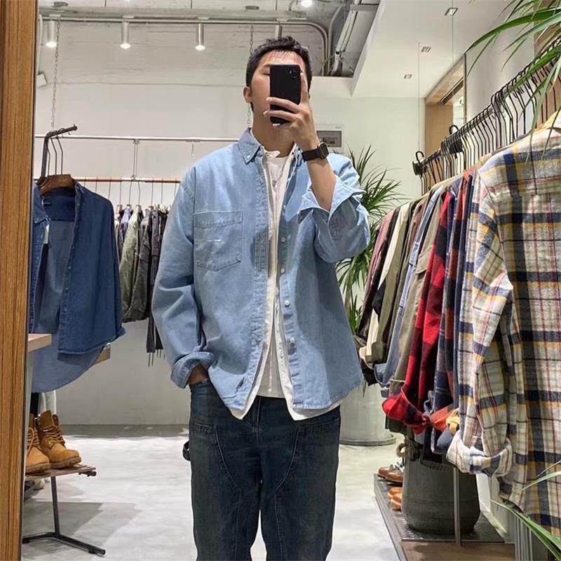 Oversized Korean Plain Blue Long Sleeve Unisex Denim Jean Jacket for Men