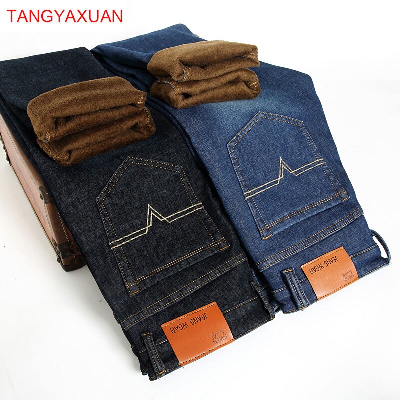 Mænd vinterjeans mænd sort/blå slim fit stretch tykke fløjlsbukser varme jeans afslappede fleecebukser herre plus str.
