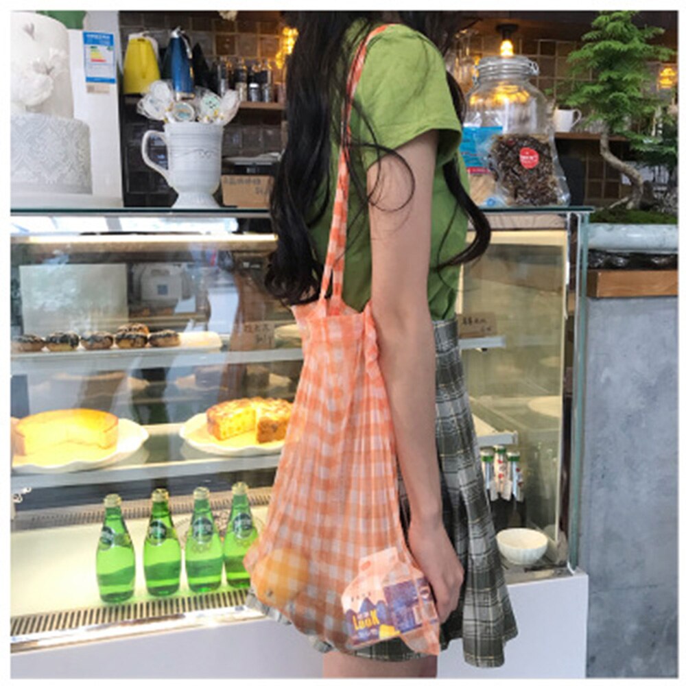 Mesh tote tasker kvinder gennemsigtige plaid shopper tasker skuldertasker genanvendelige håndtasker foldbar dekorativ afslappet skulder: Orange