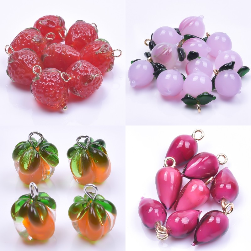 5Pcs/Lot Mix Styles Glass Fruit Strawberry Peach Charms Diy Vegetable Eggplant Sweet Potato Pendant Jewelry Accessories Finding