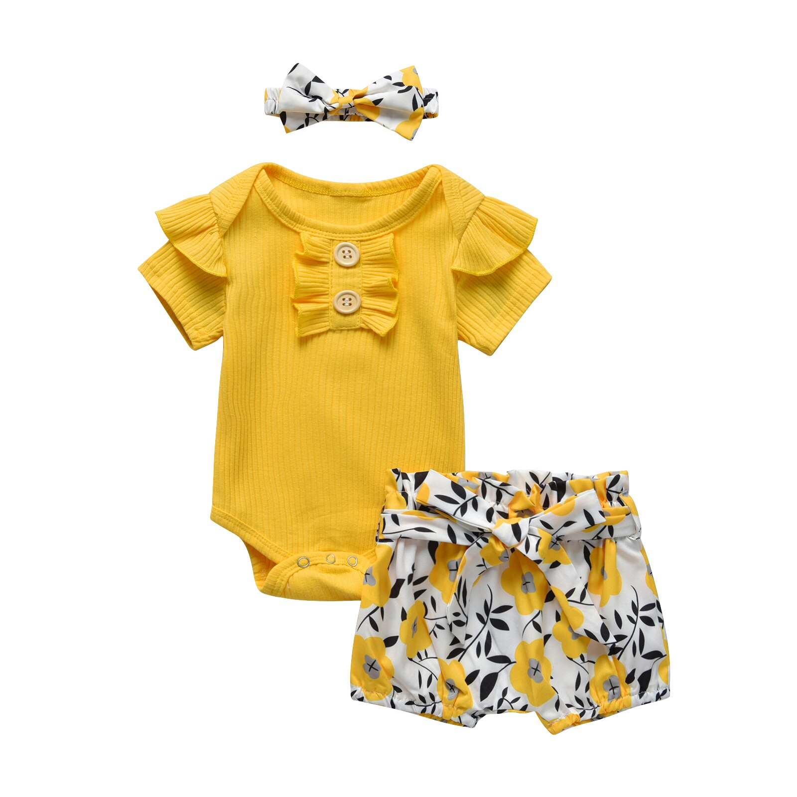3 -teiliges sommer-kleidungsset für mädchen: einfarbiger kurzarmbody für neugeborene + kurze Hose mit blumenmuster + stirnband: Gelb / 9m