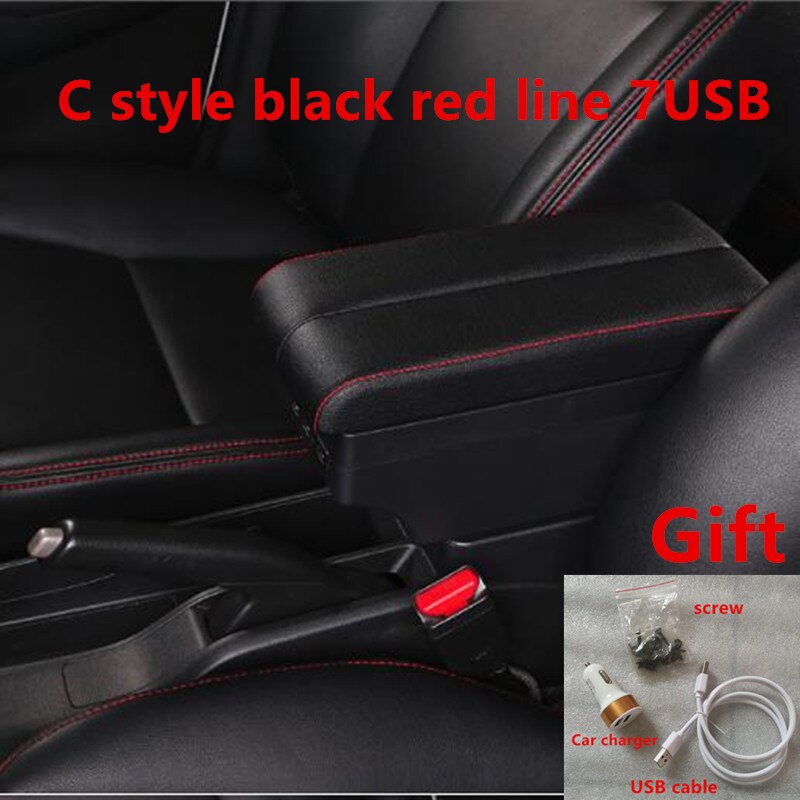 For Toyota Vios Armrest Box central Store content Storage box with USB interface: C black red line