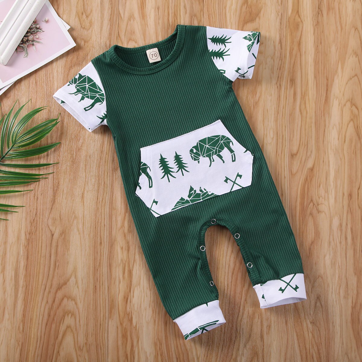 0-18M Summer Infant Kids Baby Boys Girls Rompers Pattern Print Short Sleeve Pocket Jumpsuits Clothes