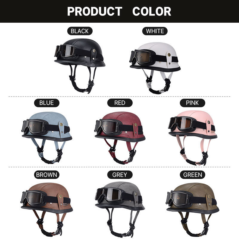 De oorlog II Duitse M35 halfshell handgemaakte lederen helm voor heren dames met Halley Goggle Skull Cap voor Cruiser Scooter Chopper