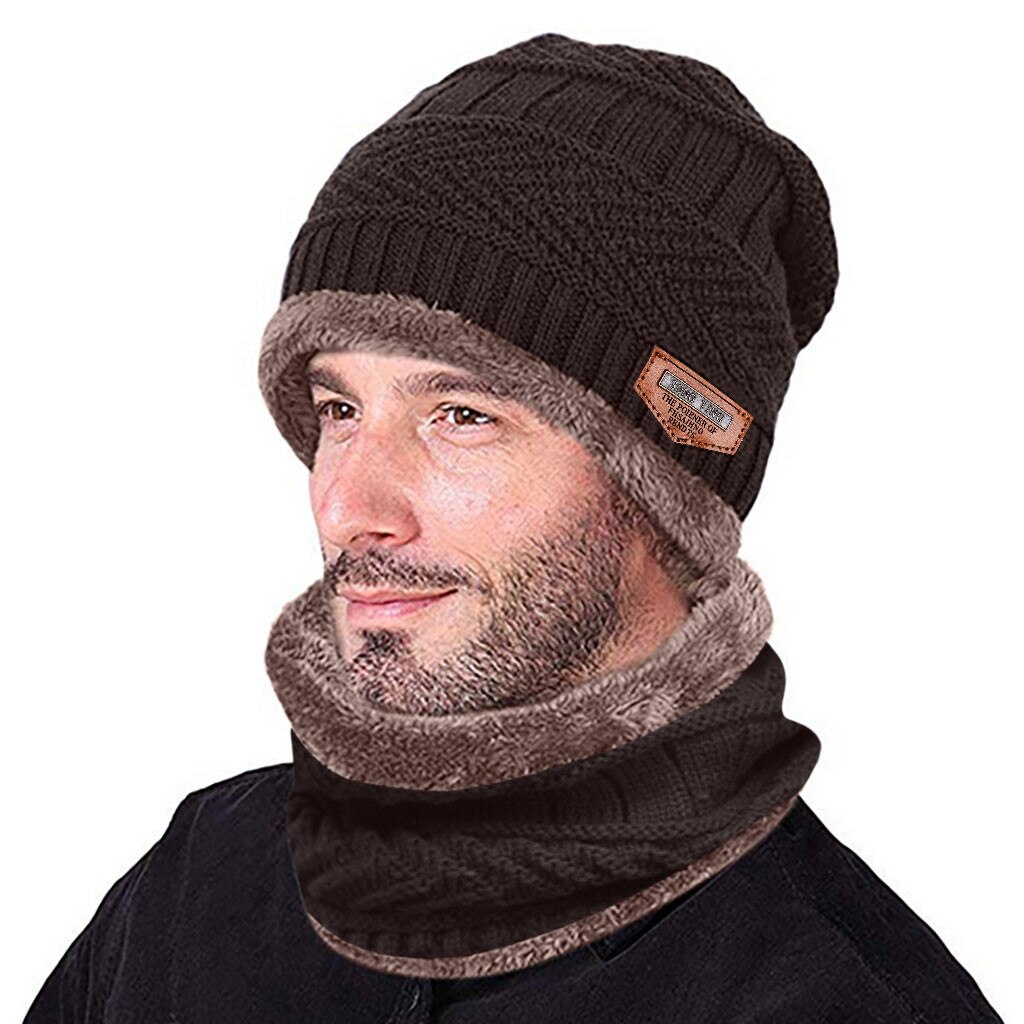 Vinter strikket hue tørklæde sæt til mænd tyk fleece varm hue hat tørklæde sæt solid strik vindtæt udendørs ski cap ring tørklæde