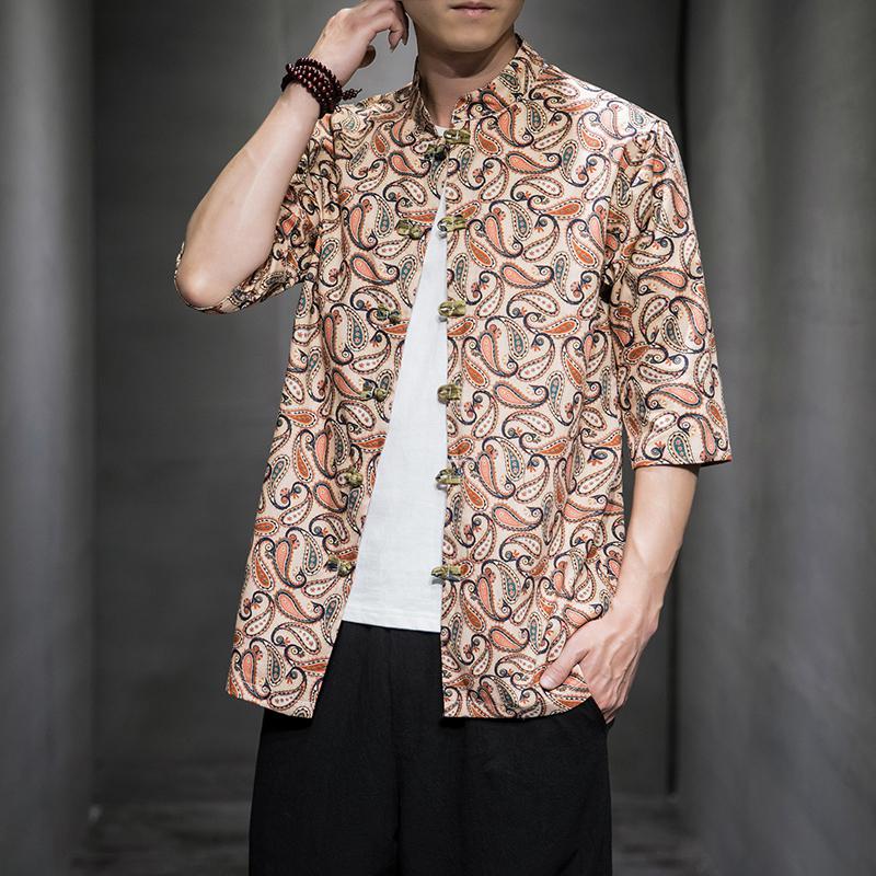 Mens Hemden Kleid der Halben Hülse verlieren passen Sommer Männer Chinesischen Hemd Blume Gedruckt Cheongsam Männer Jahrgang Chinesische Kung Fu hemd: Beige Hemden Männer / XL