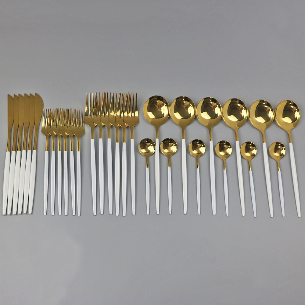 30 st svart guld servis set 18/10 rostfritt stål porslin bestick set enkel middag kniv gaffel sked cutler: Vitt guld