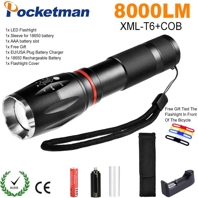 8000 Lumen LED Taktische Taschenlampe T6 + Kolben Laterne Magnetische 6-Modi Wasserdichte Taschenlampe für Notfall mit 18650 batterie ladegerät: D
