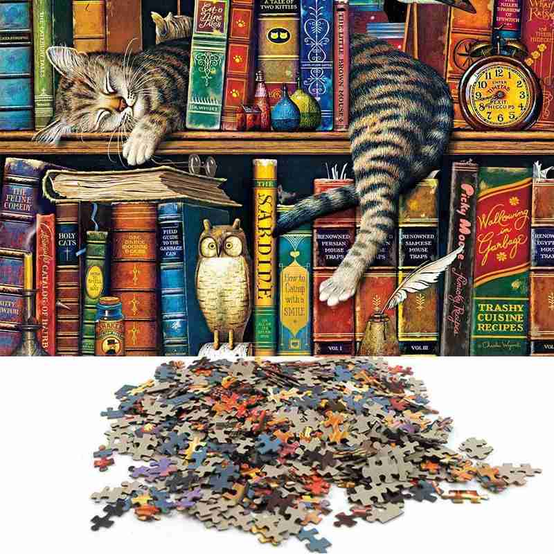 1000 Stuks Legpuzzels Boekenplank Katten Puzzels Diy Puzzels Papier Educatief Decompressie Kinderen Voor Volwassenen Speelgoed Assemb C6P