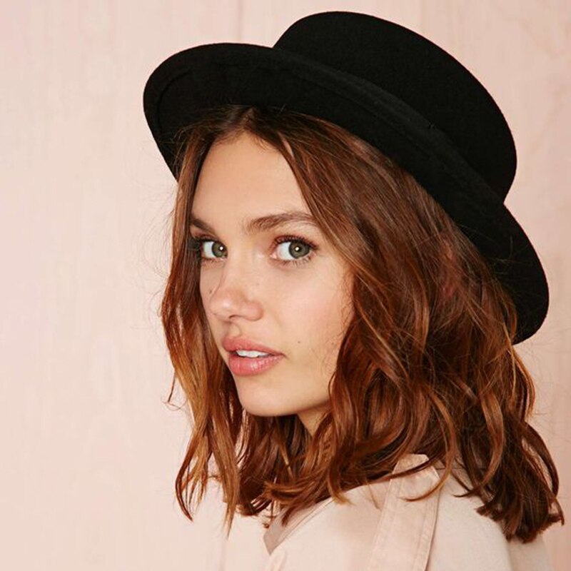 Sombrero plano de lana para mujer, Boater de ala ancha de fieltro, Fedora, Laday Prok Pie, Chapeu de Feltro, Bowler, jugador,