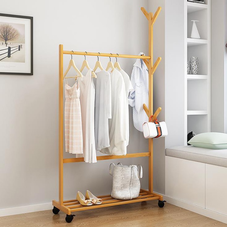 Solid Bamboo floor clothing rack with wheels hat rack bedroom furniture Coat Rack Simple Assembly Bedroom hanger