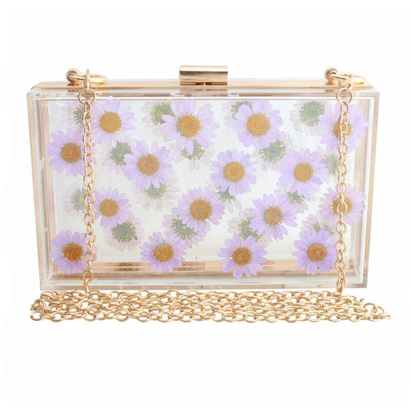 Women Acrylic Sunflower Printed Clear Purse Transparent Crossbody Bag Through Handbags Evening Clutch Events Approved: Purple Chain