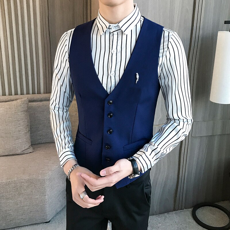 Barber's vest man business casual waistcoat men classic solid slim fit groom wedding dress party korean vests
