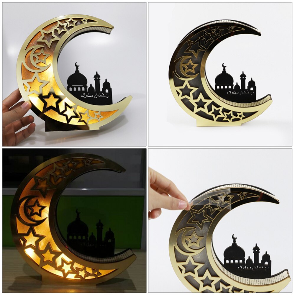 1Pc Houten Lamp Islam Mindere Bairam Led Licht Moslim Maan Lamp Ornament