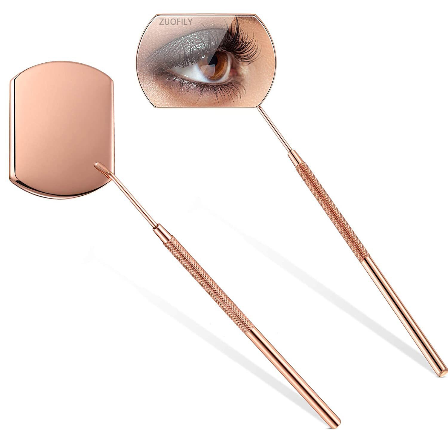 Espejo de pestañas multifunción, espejo de belleza de aumento rectangular de mango largo para comprobar la extensión de pestañas postizas, herramientas de injerto: Rose Gold 1pc
