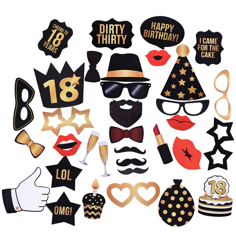 34pcs/set Birthday Photo Booth Props 18 21 30 40 50 Beard Glasses Lipstick Cake Props for Birthday Party Decoration