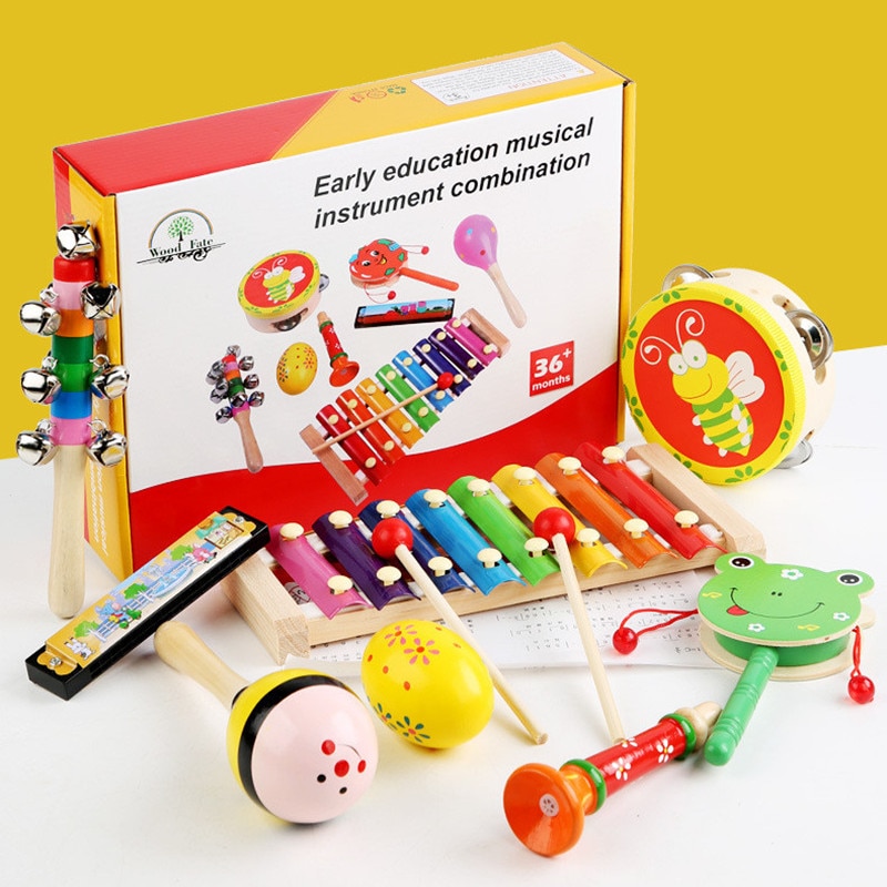 GIBOHOM Montessori muziekinstrumenten voor kinderen vanaf 1 jaar, 9-in-1 speelgoed, percussie-instrumenten, hout met trommel, xylofoon, babymuziekspeelgoed, kerst- en verjaardagscadeau