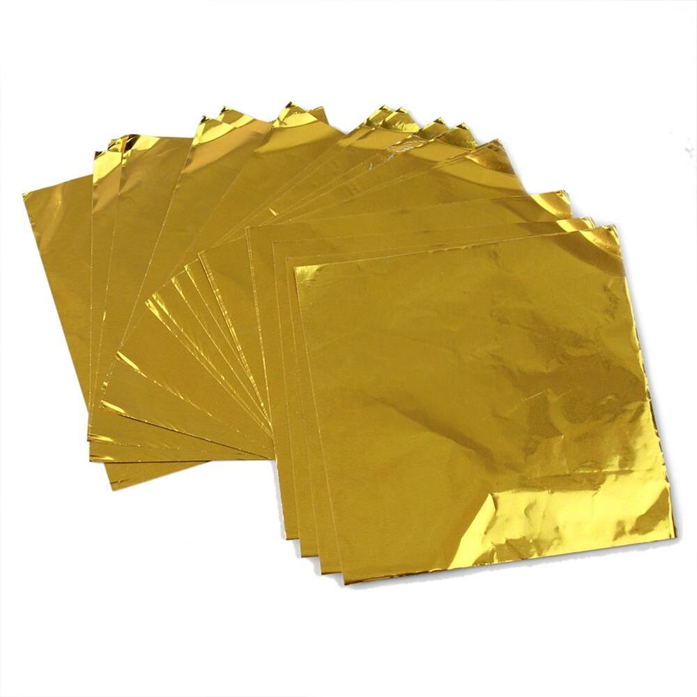 100 piezas de papel de aluminio dorado para envolver dulces, galletas, Chocolate, papel de hojalata para fiestas, papel artesanal de embalaje de con relieve de Metal, 8x8cm