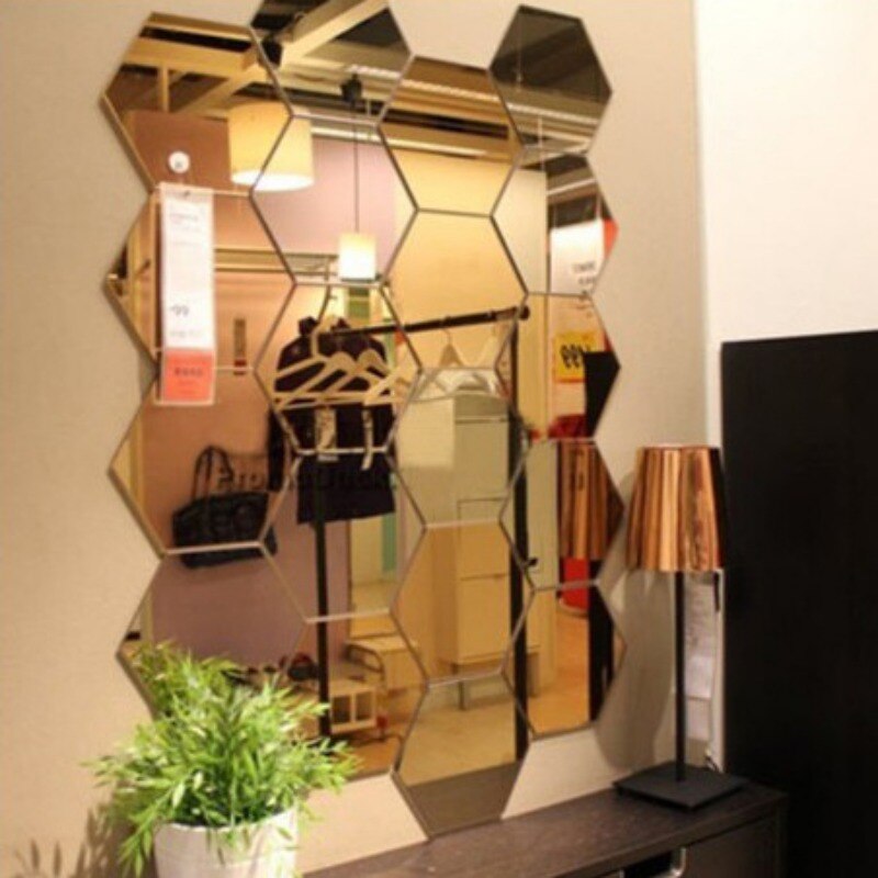 Pegatinas de espejo acrílico para pared lámina de espejo decorativa Hexagonal extraíble, autoadhesiva, para decoración del hogar, sala de estar, dormitorio, 12 Uds.