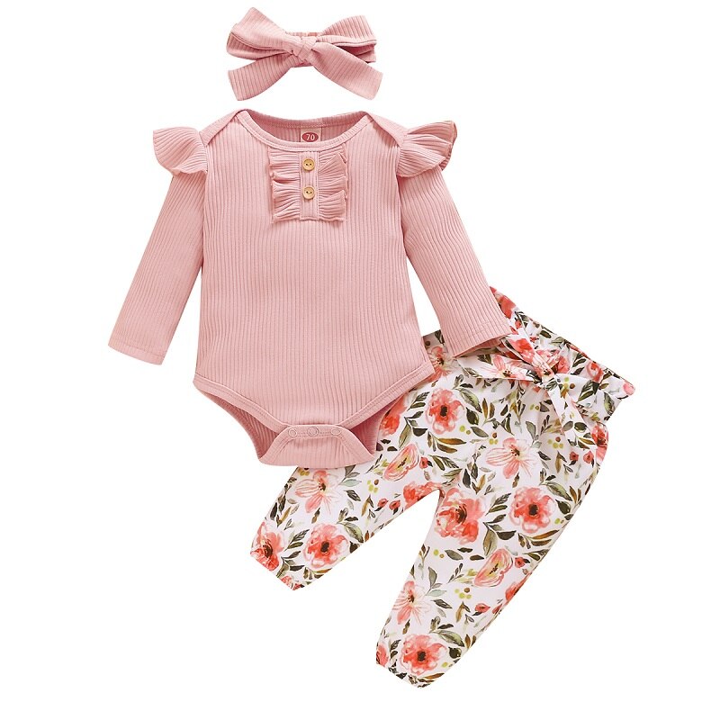 Ensemble de vêtements pour -né bébé filles 3 pièces fleurs imprimer volants à manches longues barboteuse pantalon bandeau 0-24M: Rose / 12M