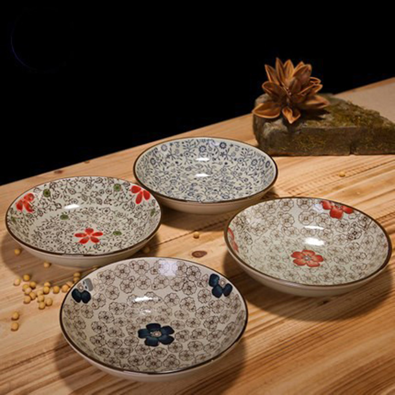 Japanese-style Plates And Bowls Round Floral Ceramic Plate Household Dinner Dishes Rice Soup Noodles Bowl Tableware