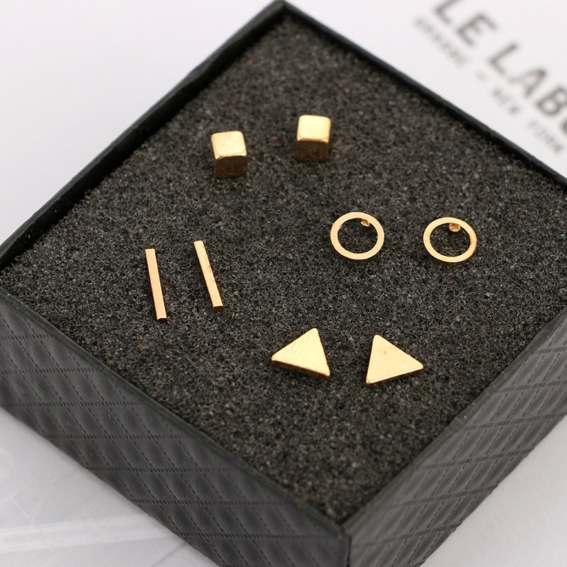 4Pairs Stud Earrings Set For Women Gold Color Simple Unisex Round Square Men Korean Earrings