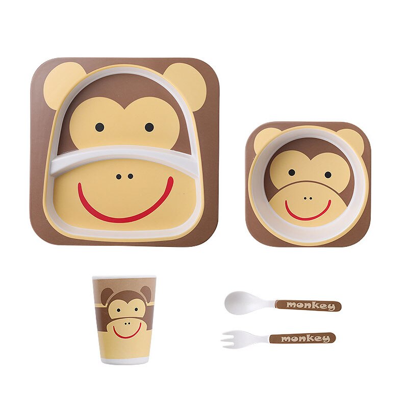 5pcs/set Animal Zoo Baby Plate Bow Cup Forks Dinnerware Feeding Set 100% Bamboo Fiber Baby Children Tableware Set: little monkey