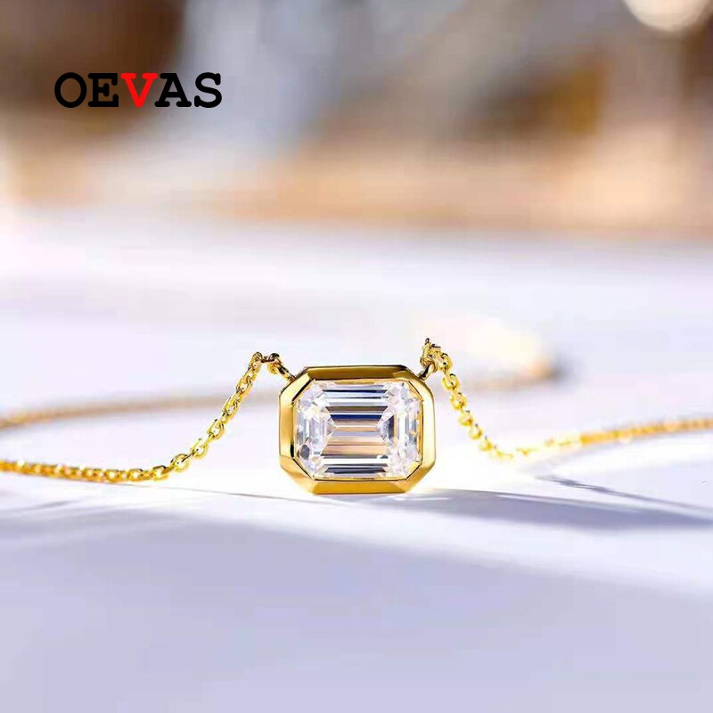 OEVAS 100% 925 Sterling Silver 1.5 Carat Square High Carbon Diamond 45cm Pendant Necklace For Women Sparkling Fine Jewelry