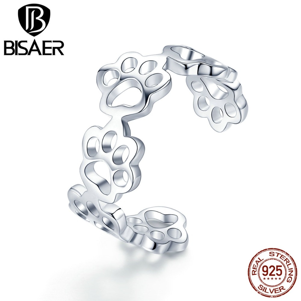 BISAER-anillo ajustable para mujer, de Plata de Ley 925, con huellas de animales, huellas de perro y gato, joyería 925