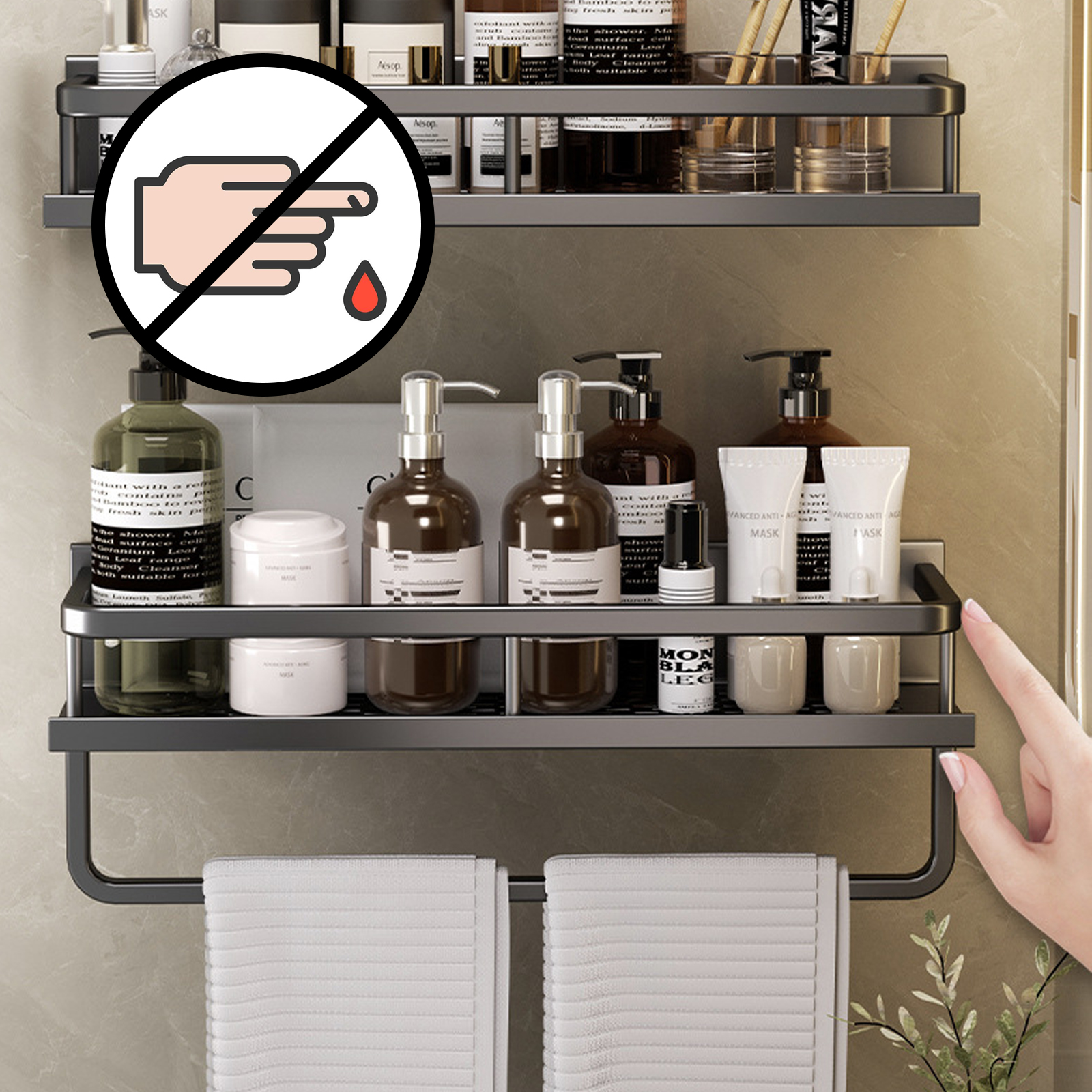 Support de salle de bain sans poinçon, étagère de salle de bain, espace de toilette en aluminium, sans perceuse, support suspendu, organisateur de salle de bain, accrocher au mur