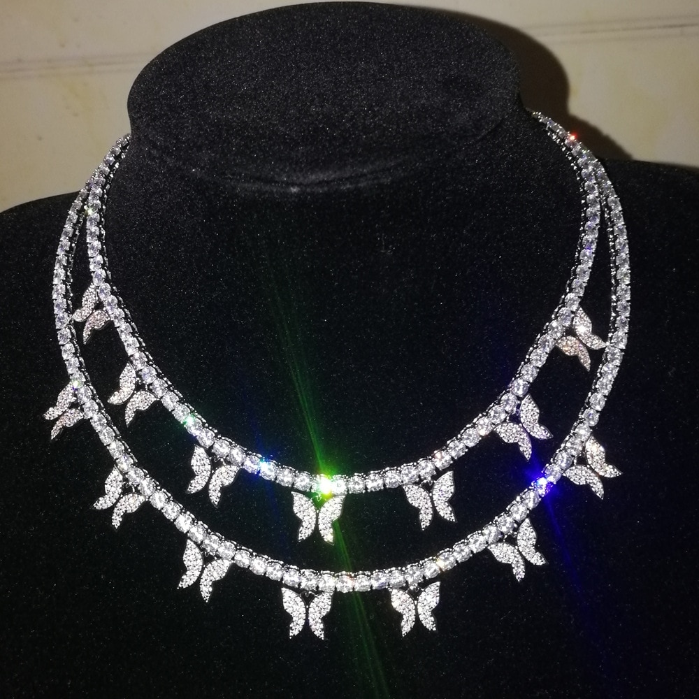 Iced Out Bling Butterfly Choker Pendant Necklace Gold Silver Color with 4mm Tennis Chain Hip Hop Jewelry for Men Women