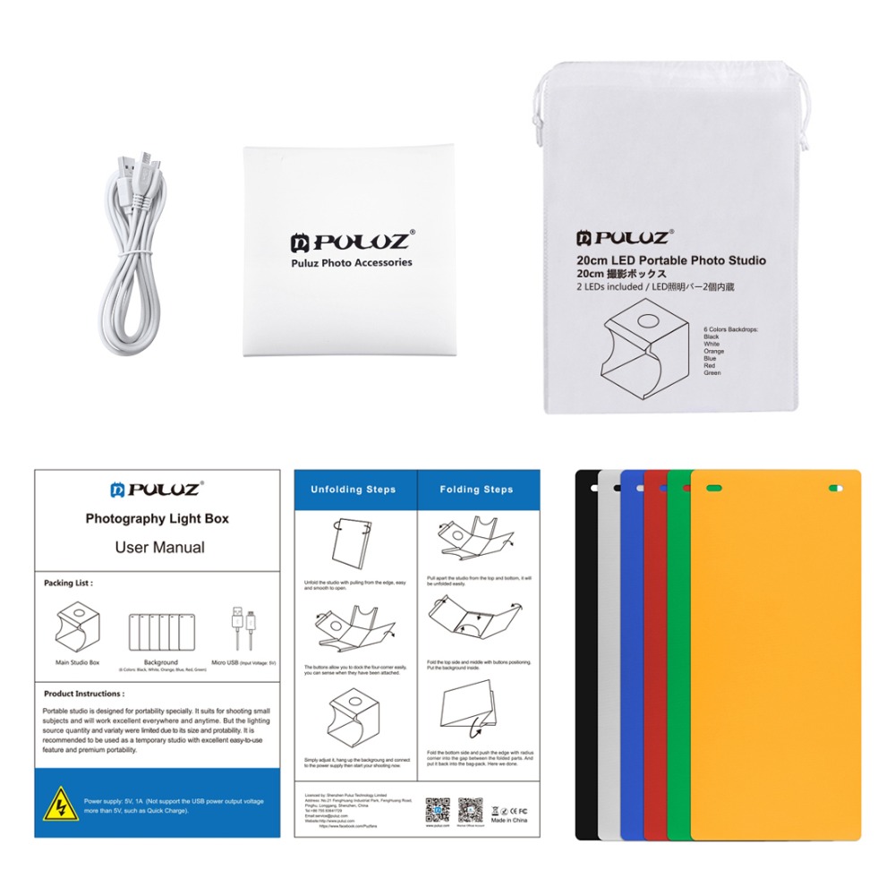 PULUZ Portable Desktop LED Mini Photo Studio 20 cm &amp; 30 cm Light Box Softbox Set Folding Lightbox Tent Box Kit For DSLR Camera