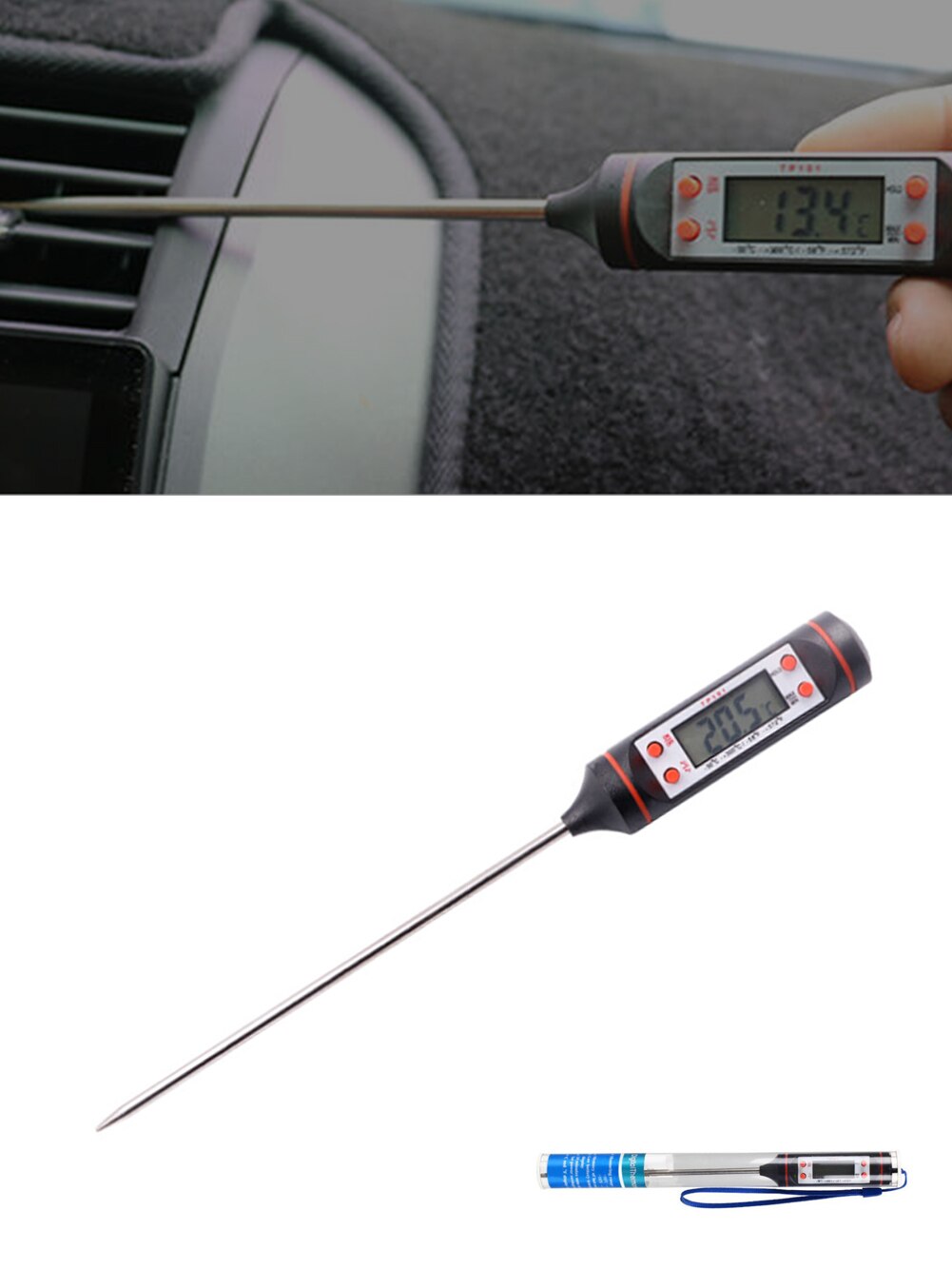 Termómetro de salida de aire acondicionado para coche, con sonda larga, pantalla LCD, medidor de temperatura Digital, herramienta de verificación-50 °C ~ + 300 °C, herramientas para coche,