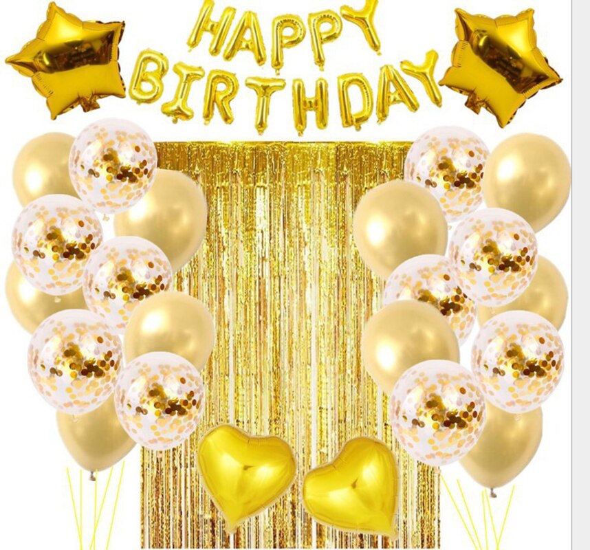 Juego de Decoración de cumpleaños de oro rosa para niños, globo de seda de lluvia con letras de feliz cumpleaños, cortina para de cumpleaños, decoración de látex, 28 Uds.: Oro