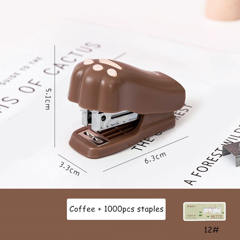 Portable Mini Stapler Set 1000pcs 12# Staples Cute Cat Paw Paper Binder Stationery Office Binding Tools School Supplies F622: Coffee set