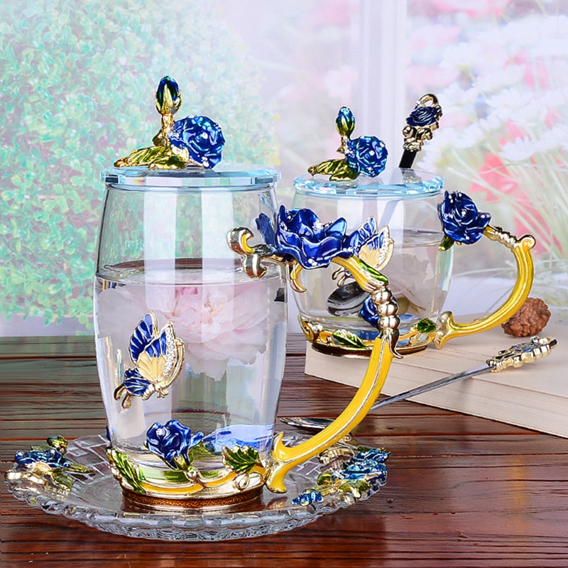 Blå rose emalje krystal te kop kaffe krus sommerfugl rose malet blomst vand kopper klart glas med ske sæt