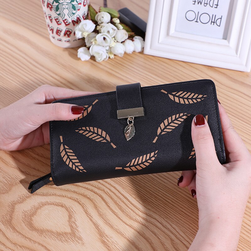 Koreanska kvinnors långa dubbelvikta löv plånbok plånbok clutch mobilväska kortfodral