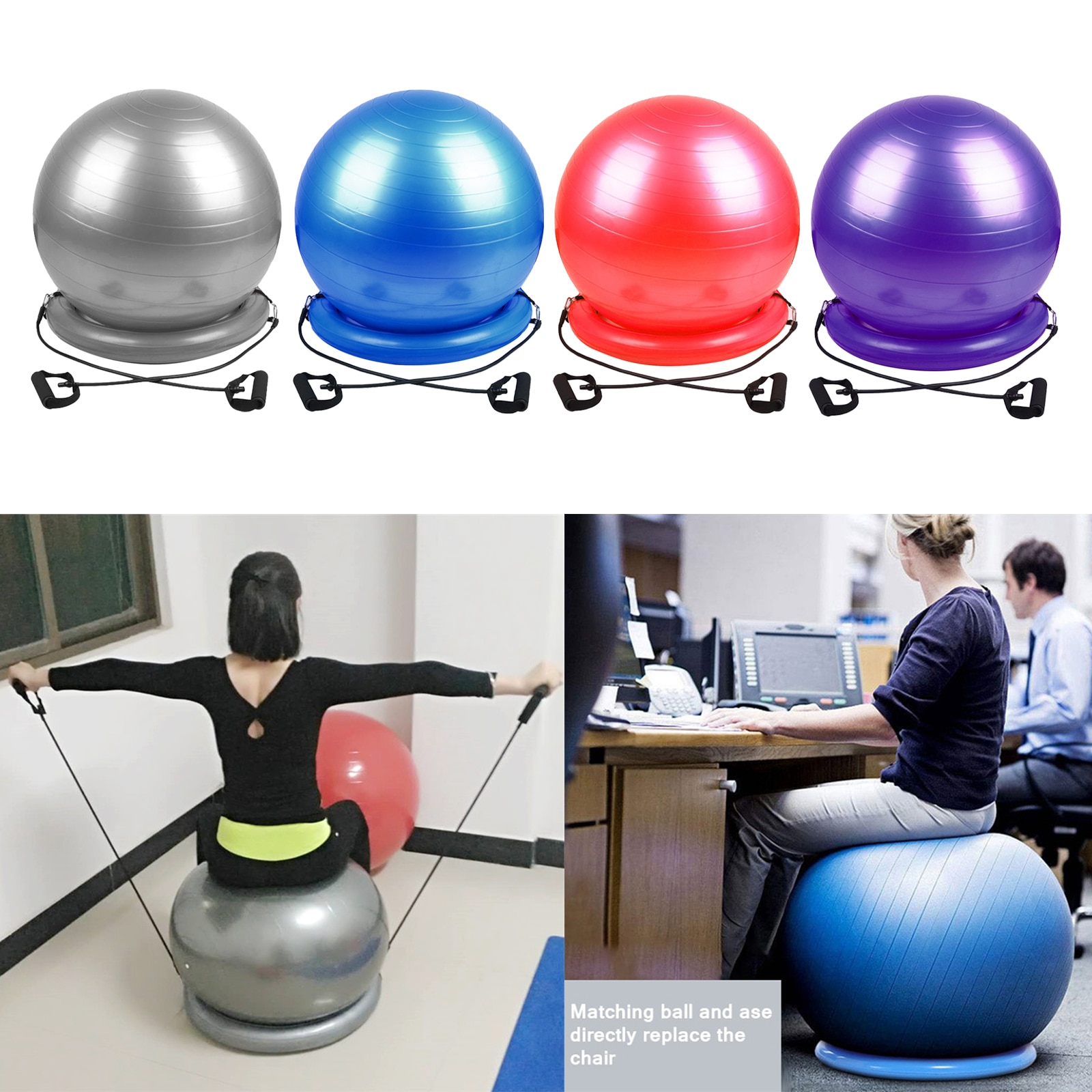 Yoga Ball Chair – Stability Ball with Inflatable Stability Base & Resistance Bands, Fitness Ball, Improves Posture & Balance